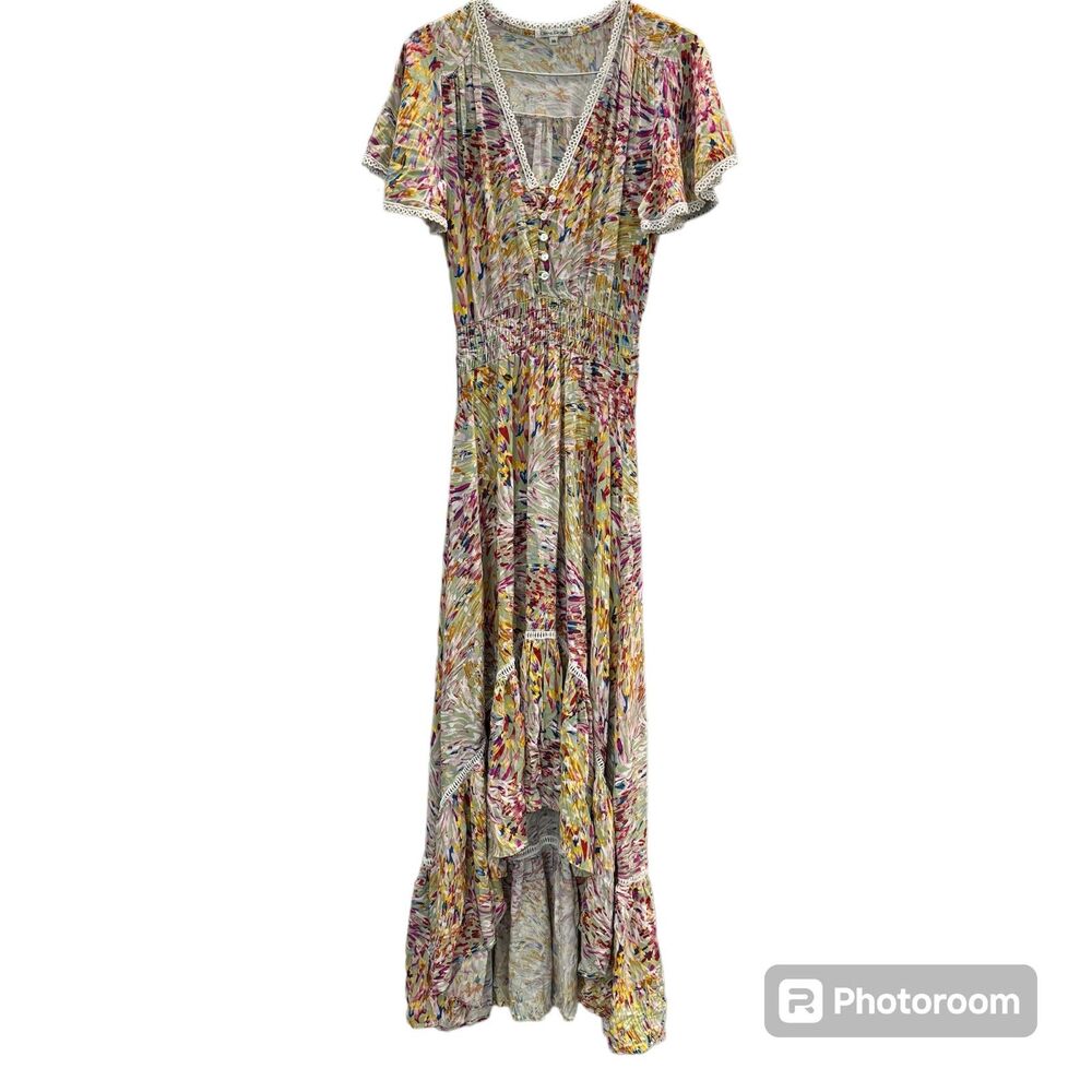 Olivia Graye Floral Maxi Dress Western Style Ruffle V Neckline Short Sleeve